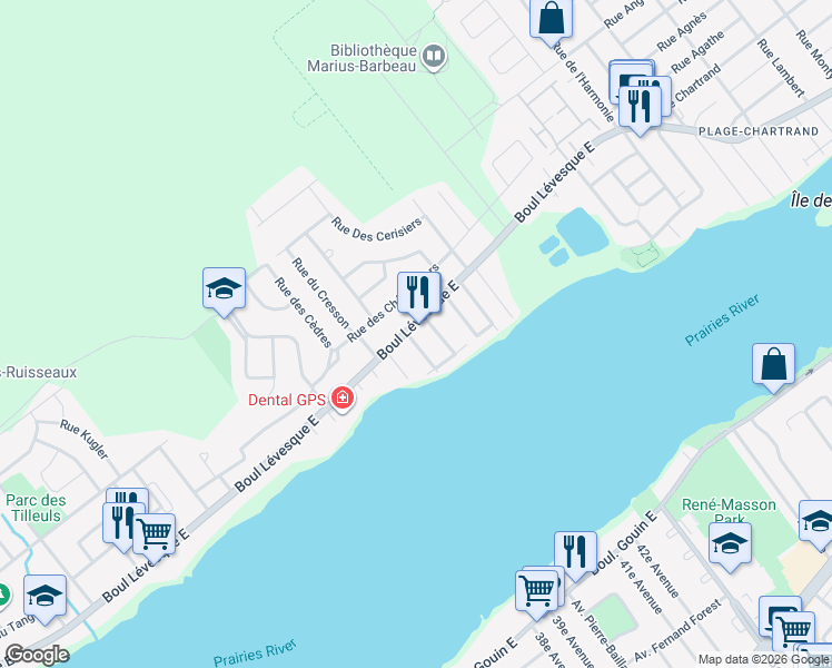 map of restaurants, bars, coffee shops, grocery stores, and more near 7780 Boulevard Lévesque Est in Laval