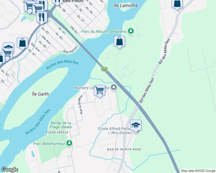 map of restaurants, bars, coffee shops, grocery stores, and more near 1373 Rue Bienville in Laval