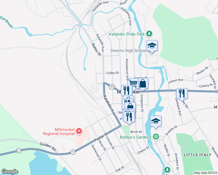 map of restaurants, bars, coffee shops, grocery stores, and more near 275 Central Street in Millinocket