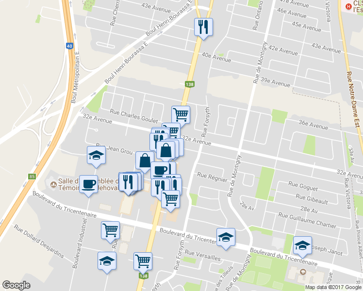 map of restaurants, bars, coffee shops, grocery stores, and more near 13150 Rue Sherbrooke Est in Montréal