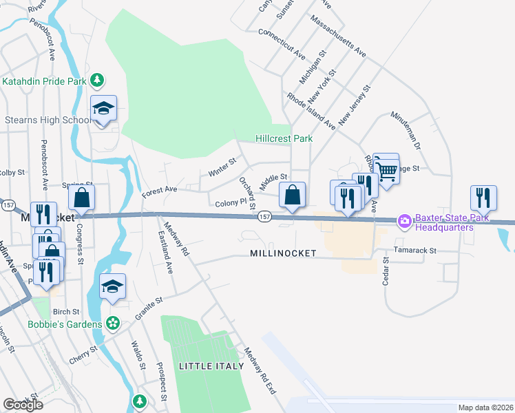 map of restaurants, bars, coffee shops, grocery stores, and more near 25 Pleasant Street in Millinocket