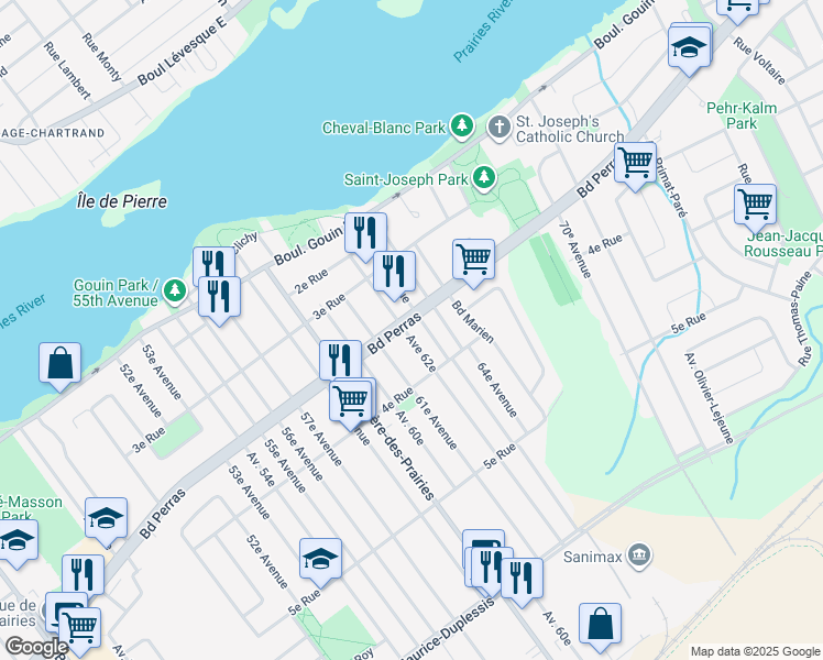 map of restaurants, bars, coffee shops, grocery stores, and more near 12485 62e Avenue in Montréal