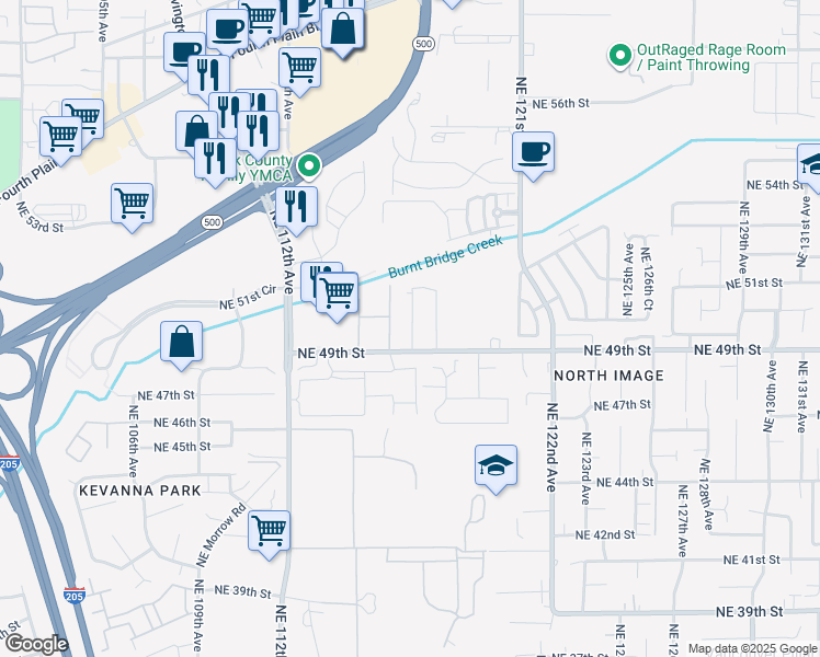 map of restaurants, bars, coffee shops, grocery stores, and more near 11614 Northeast 49th Street in Vancouver