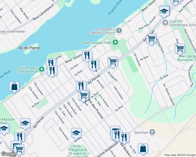 map of restaurants, bars, coffee shops, grocery stores, and more near 12485 62e Avenue in Montréal