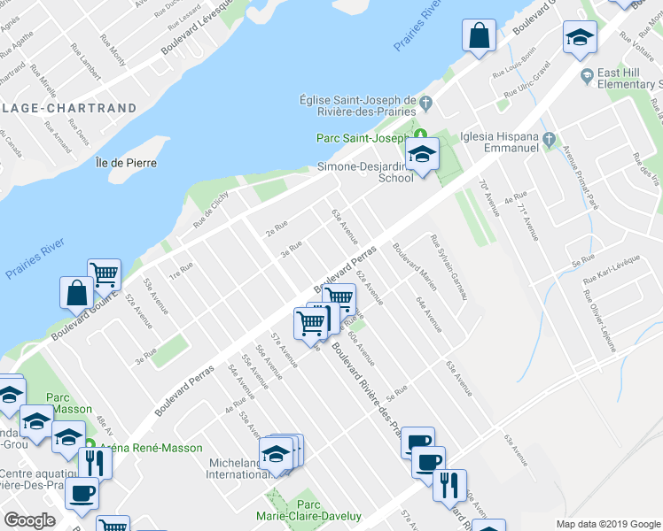 map of restaurants, bars, coffee shops, grocery stores, and more near 9781 Boulevard Perras in Montréal