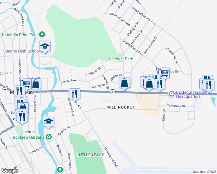 map of restaurants, bars, coffee shops, grocery stores, and more near 25 Pleasant Street in Millinocket