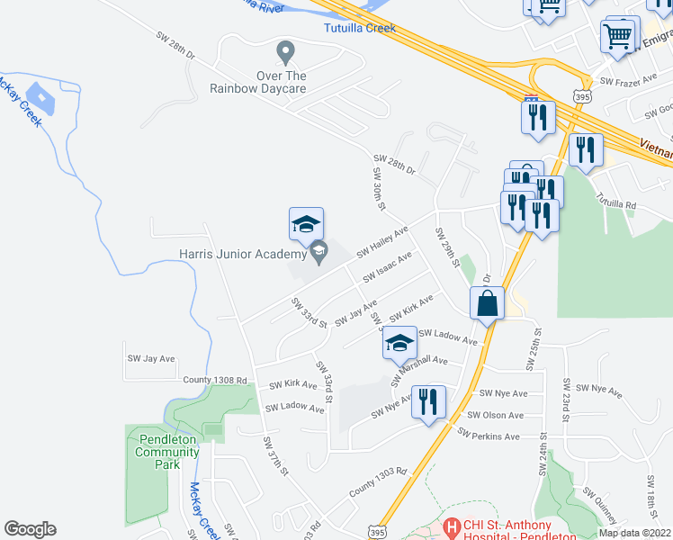 map of restaurants, bars, coffee shops, grocery stores, and more near 3124 Southwest Hailey Avenue in Pendleton