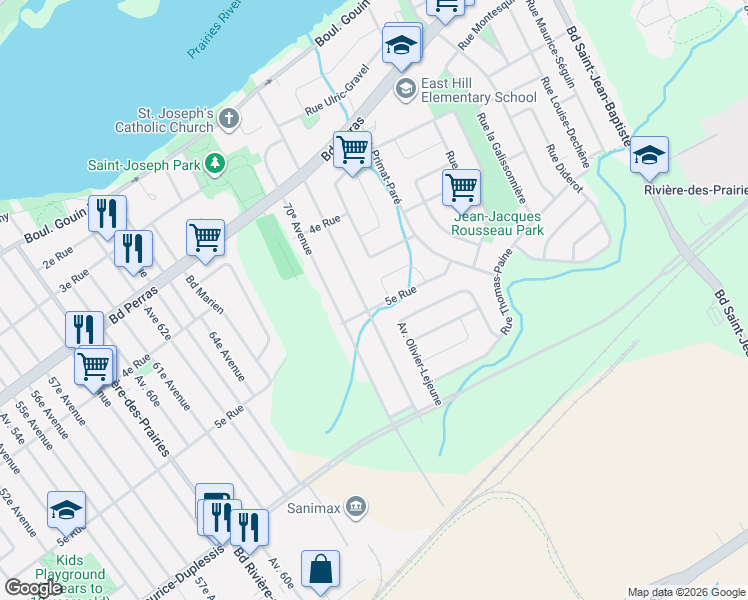 map of restaurants, bars, coffee shops, grocery stores, and more near 10163 5e Rue in Montréal