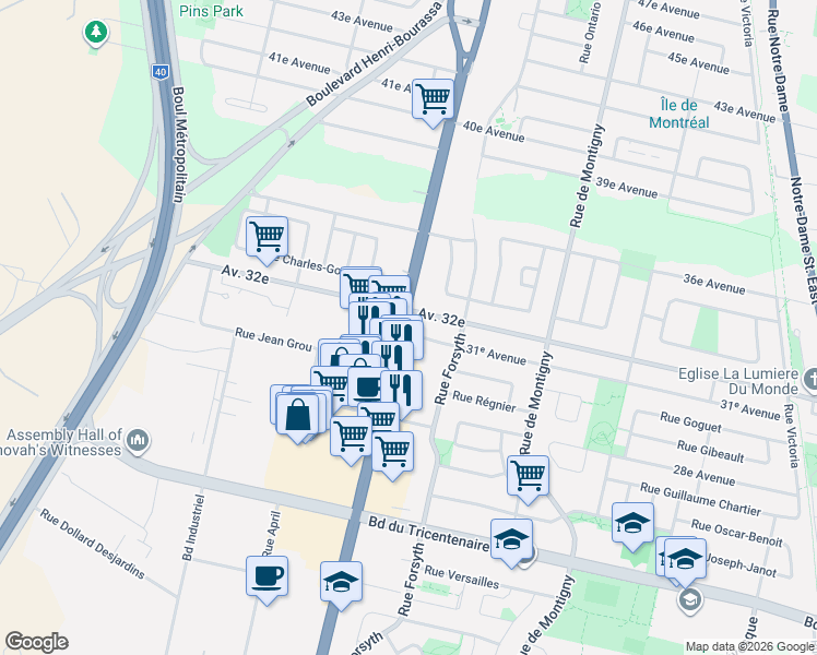 map of restaurants, bars, coffee shops, grocery stores, and more near 13150 Rue Sherbrooke Est in Montréal