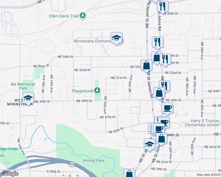 map of restaurants, bars, coffee shops, grocery stores, and more near 2622 Northeast Hawthorne Circle in Vancouver