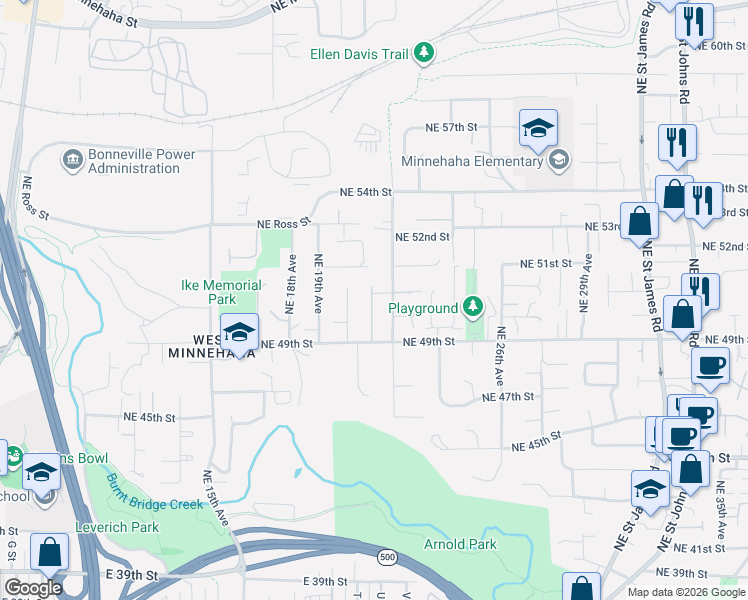 map of restaurants, bars, coffee shops, grocery stores, and more near 5004 Northeast 22nd Avenue in Vancouver