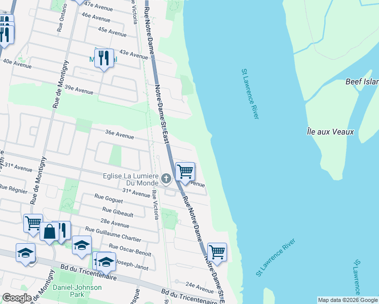 map of restaurants, bars, coffee shops, grocery stores, and more near 2 36e Avenue in Montréal