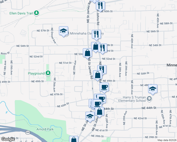 map of restaurants, bars, coffee shops, grocery stores, and more near 3110 Northeast 51st Street in Vancouver