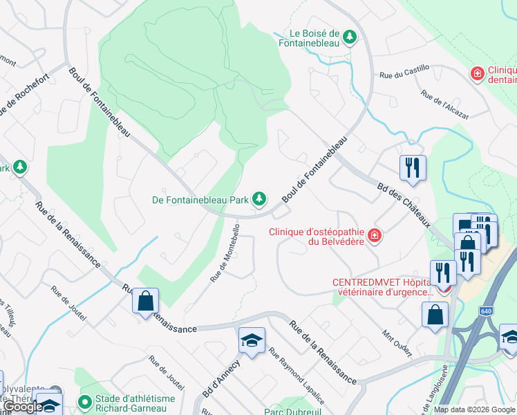 map of restaurants, bars, coffee shops, grocery stores, and more near 43 Boulevard de Fontainebleau in Blainville