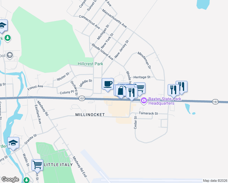 map of restaurants, bars, coffee shops, grocery stores, and more near 99 Fern Street in Millinocket