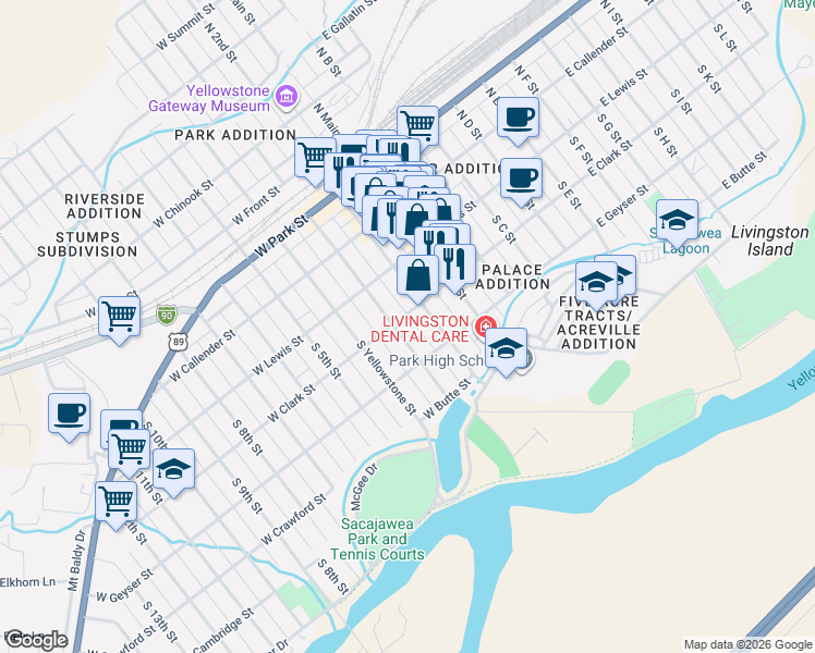 map of restaurants, bars, coffee shops, grocery stores, and more near 302 South 2nd Street in Livingston