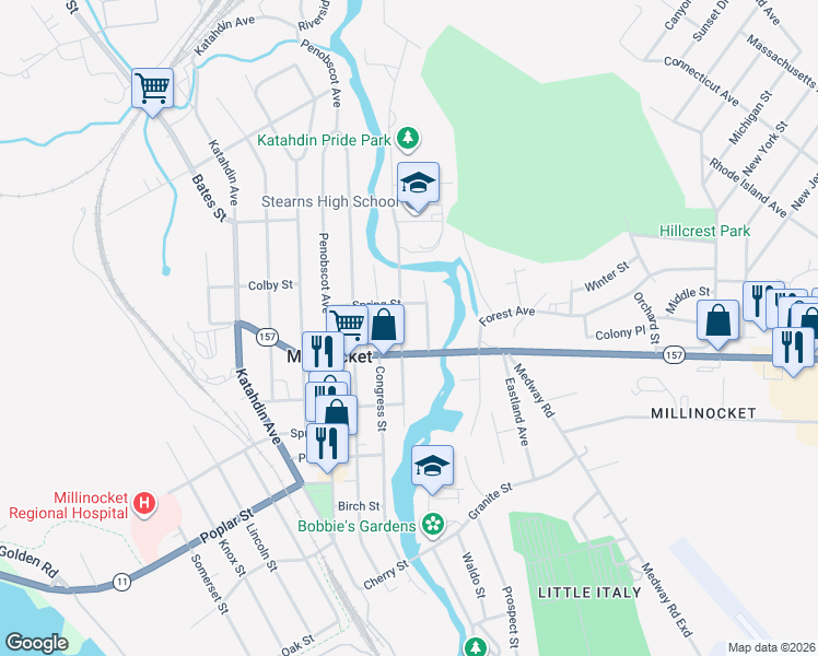 map of restaurants, bars, coffee shops, grocery stores, and more near 111 State Street in Millinocket