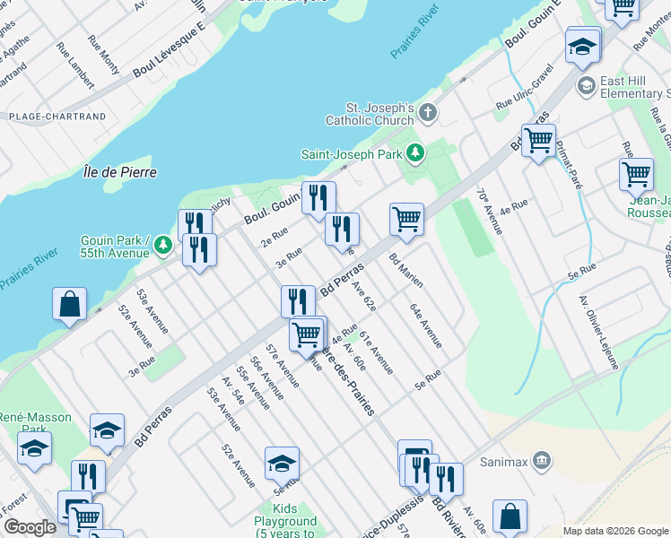 map of restaurants, bars, coffee shops, grocery stores, and more near 9809 Boulevard Perras in Montréal