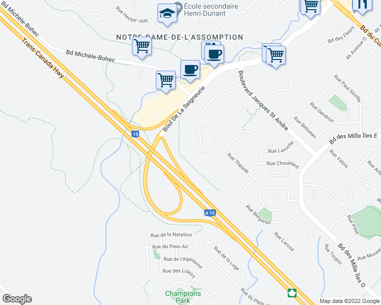 map of restaurants, bars, coffee shops, grocery stores, and more near 63 Rue des Violettes in Blainville