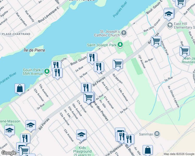 map of restaurants, bars, coffee shops, grocery stores, and more near 9809 Boulevard Perras in Montréal