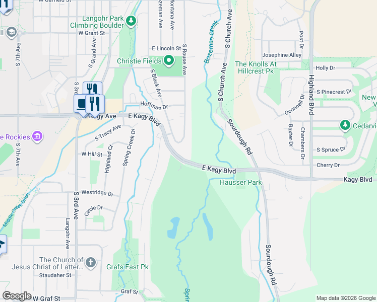 map of restaurants, bars, coffee shops, grocery stores, and more near 2018 South Rouse Avenue in Bozeman