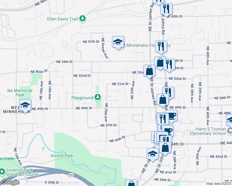map of restaurants, bars, coffee shops, grocery stores, and more near 2623 Northeast Hawthorne Circle in Vancouver