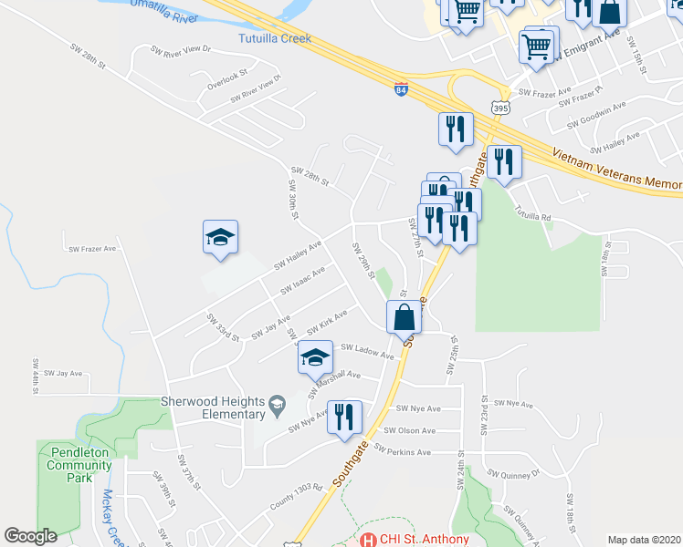 map of restaurants, bars, coffee shops, grocery stores, and more near Southwest 30th Street in Pendleton
