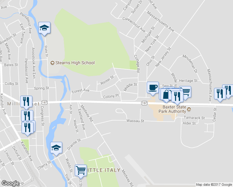 map of restaurants, bars, coffee shops, grocery stores, and more near 13 Colony Place in Millinocket