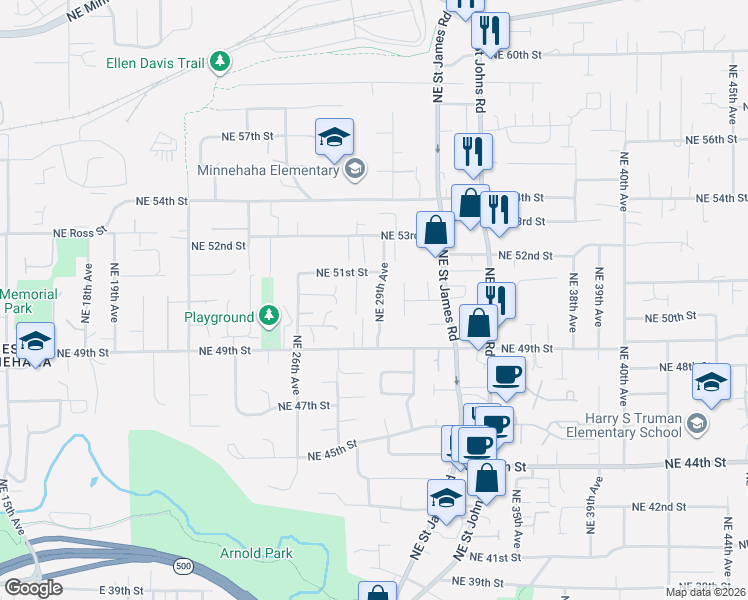 map of restaurants, bars, coffee shops, grocery stores, and more near 5015 Northeast 28th Avenue in Vancouver
