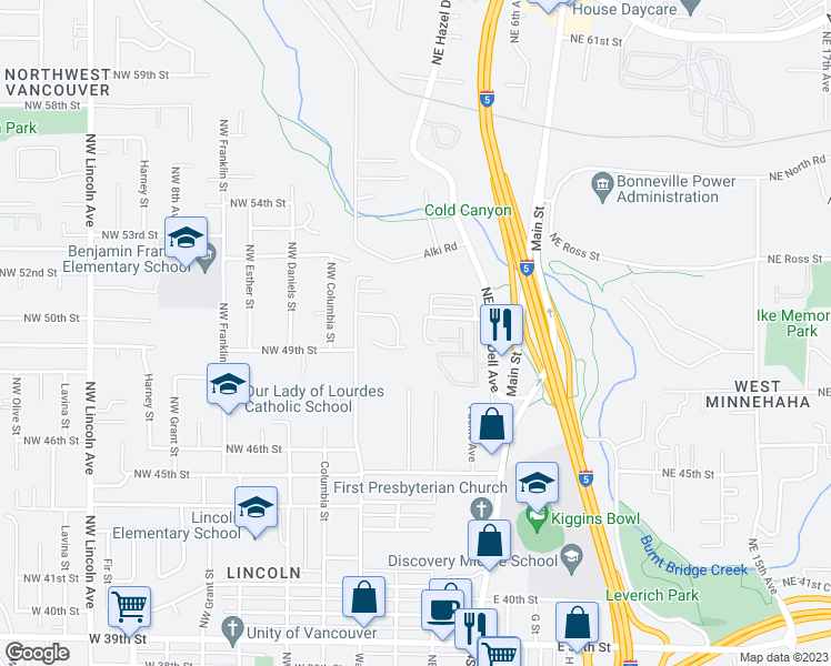 map of restaurants, bars, coffee shops, grocery stores, and more near 4913 Northwest 1st Avenue in Vancouver