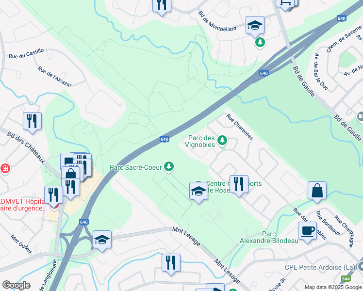 map of restaurants, bars, coffee shops, grocery stores, and more near 627 Rue de l'Ermitage in Rosemère