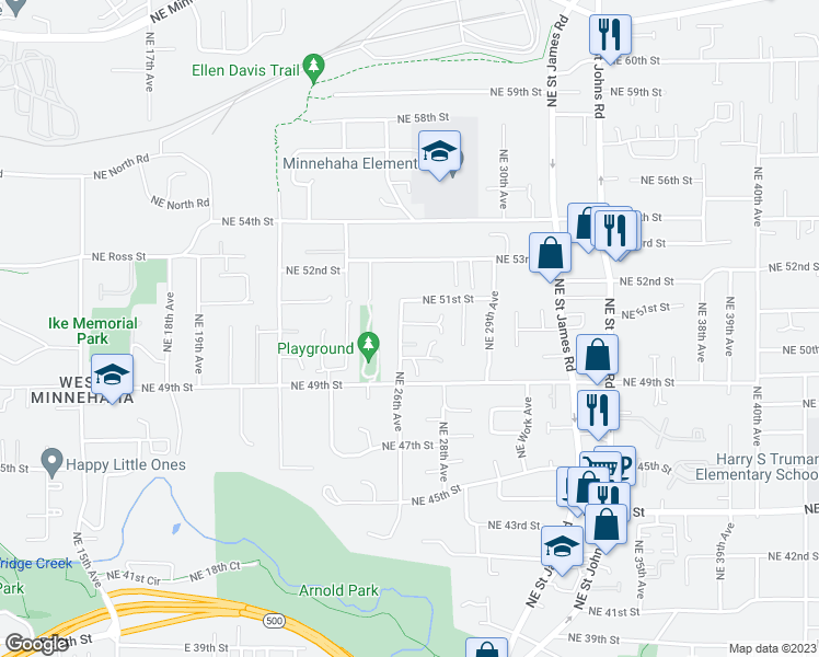 map of restaurants, bars, coffee shops, grocery stores, and more near 2607 Northeast Hawthorne Circle in Vancouver