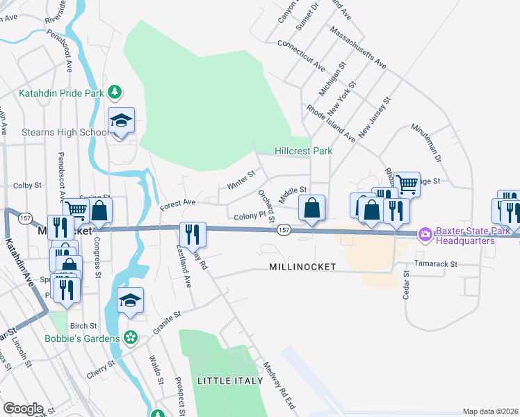 map of restaurants, bars, coffee shops, grocery stores, and more near 13 Colony Place in Millinocket