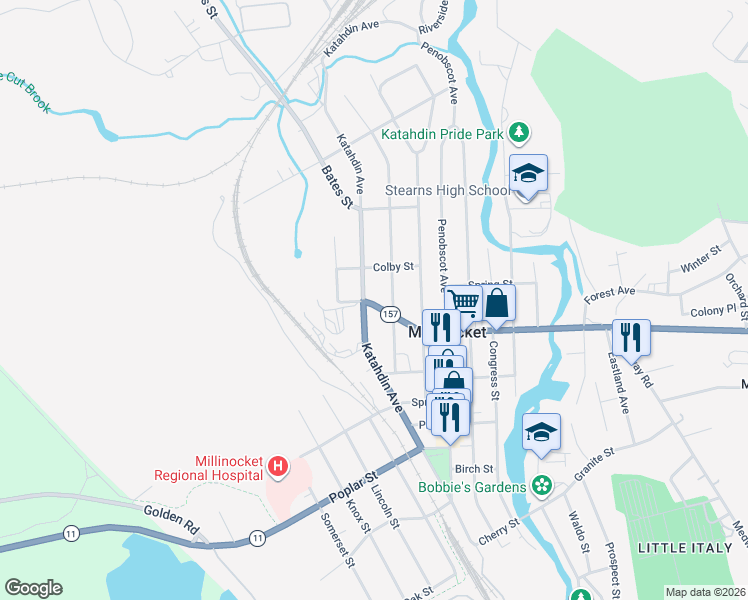 map of restaurants, bars, coffee shops, grocery stores, and more near 275 Central Street in Millinocket