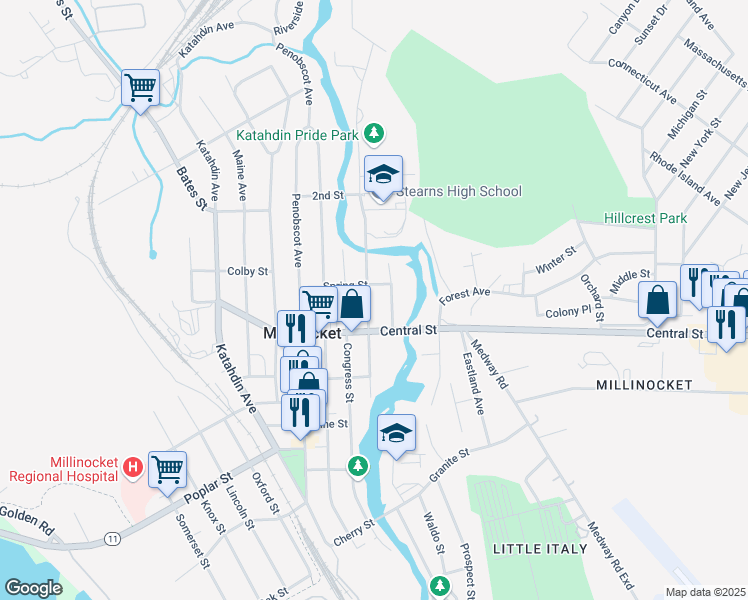 map of restaurants, bars, coffee shops, grocery stores, and more near 111 State Street in Millinocket