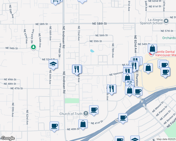 map of restaurants, bars, coffee shops, grocery stores, and more near 7300 Northeast Vancouver Mall Drive in Vancouver