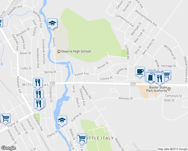 map of restaurants, bars, coffee shops, grocery stores, and more near 134 Forest Avenue in Millinocket