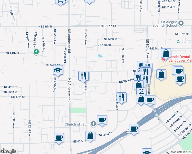 map of restaurants, bars, coffee shops, grocery stores, and more near 7300 Northeast Vancouver Mall Drive in Vancouver
