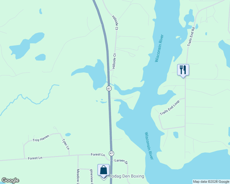 map of restaurants, bars, coffee shops, grocery stores, and more near 4000 Wisconsin 47 in Rhinelander