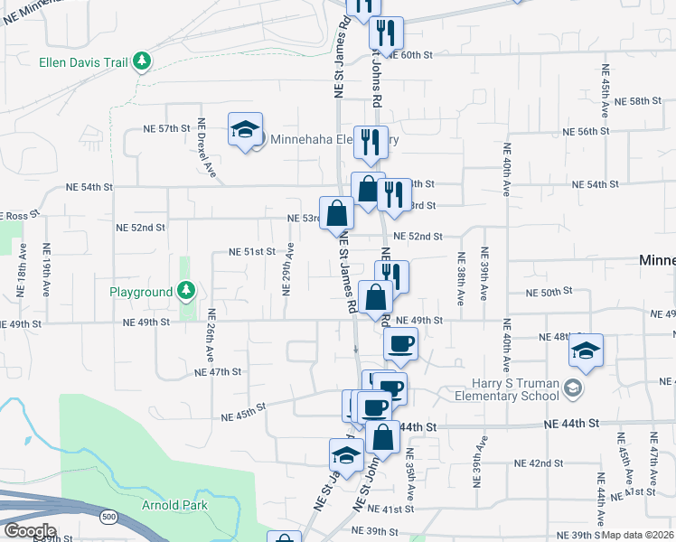 map of restaurants, bars, coffee shops, grocery stores, and more near 3110 Northeast 51st Street in Vancouver