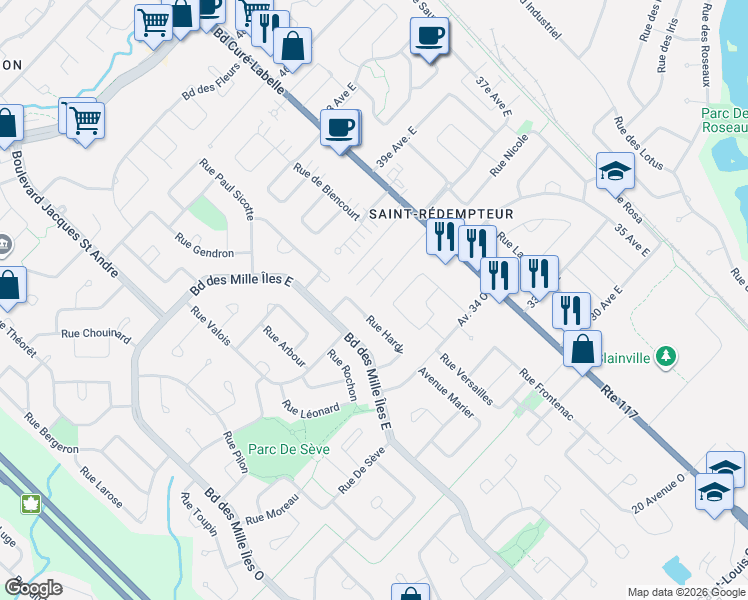 map of restaurants, bars, coffee shops, grocery stores, and more near in Blainville