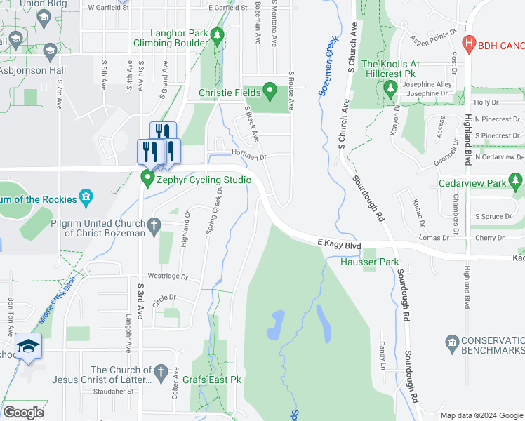 map of restaurants, bars, coffee shops, grocery stores, and more near 2000 West Kagy Boulevard in Bozeman