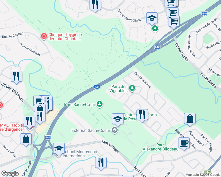 map of restaurants, bars, coffee shops, grocery stores, and more near 629 Rue du Chardonnay in Rosemère