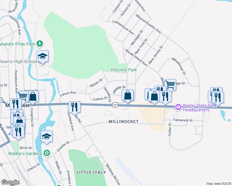 map of restaurants, bars, coffee shops, grocery stores, and more near 25 Pleasant Street in Millinocket