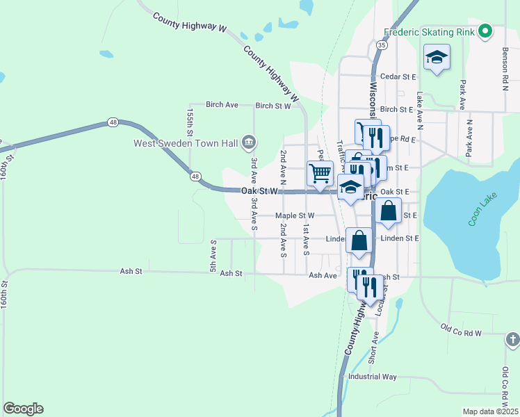map of restaurants, bars, coffee shops, grocery stores, and more near 510 Maple Street East in Frederic