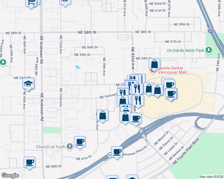 map of restaurants, bars, coffee shops, grocery stores, and more near 7900 Northeast Vancouver Mall Drive in Vancouver