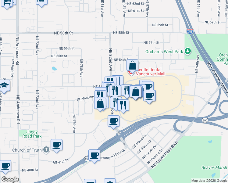 map of restaurants, bars, coffee shops, grocery stores, and more near 5001 Northeast Thurston Way in Vancouver