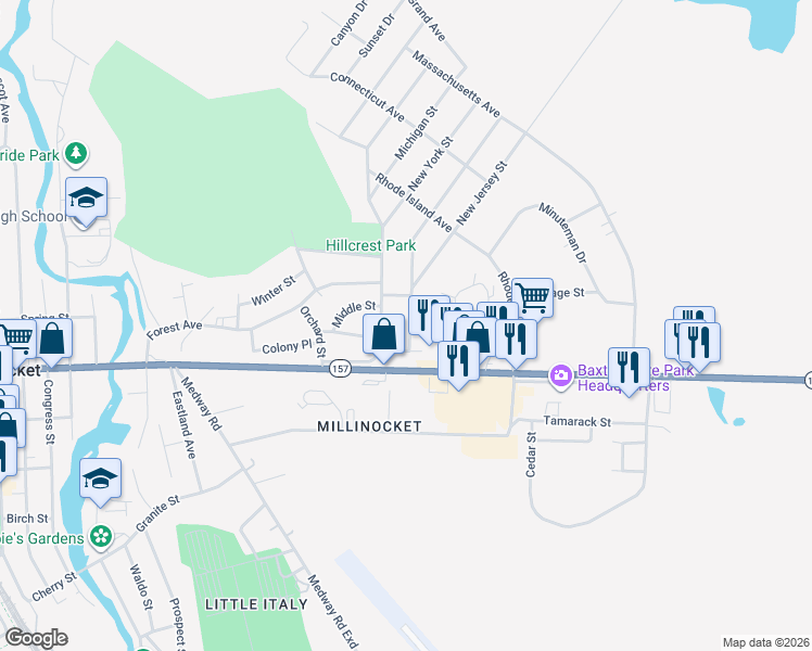 map of restaurants, bars, coffee shops, grocery stores, and more near 33 Ohio Street in Millinocket