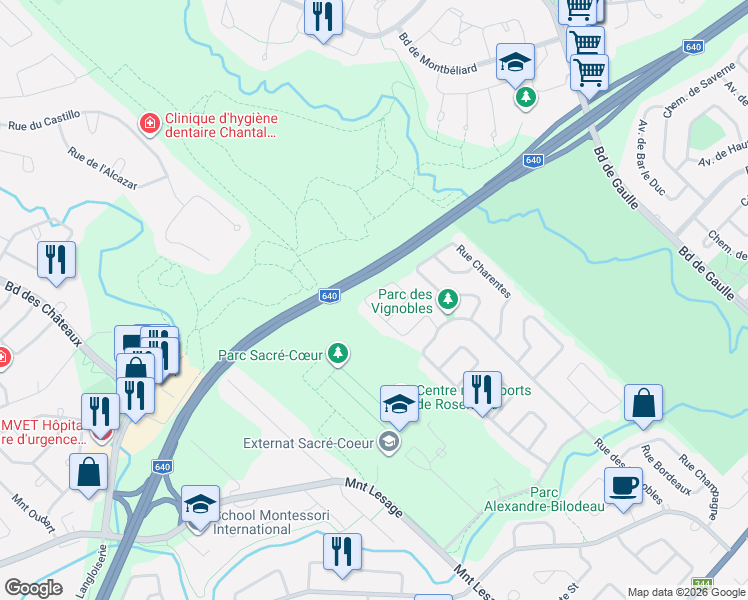 map of restaurants, bars, coffee shops, grocery stores, and more near 629 Rue du Chardonnay in Rosemère