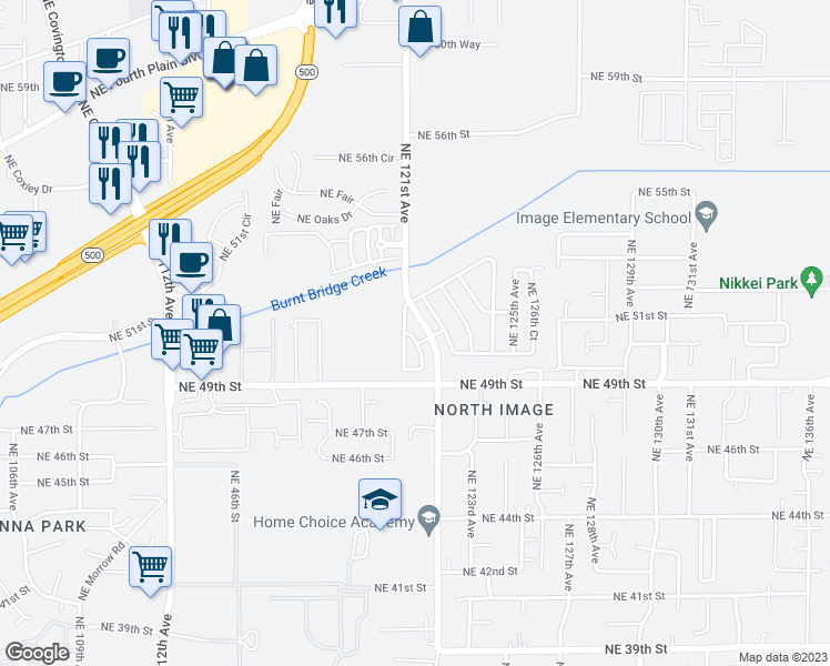 map of restaurants, bars, coffee shops, grocery stores, and more near 5102 Northeast 121st Avenue in Vancouver